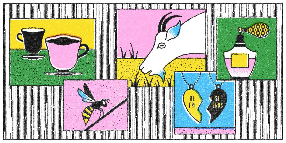 A scattered grid of illustrations, including two cups of tea, a bee, a goat eating grass, BFF necklaces, and a perfume bottle