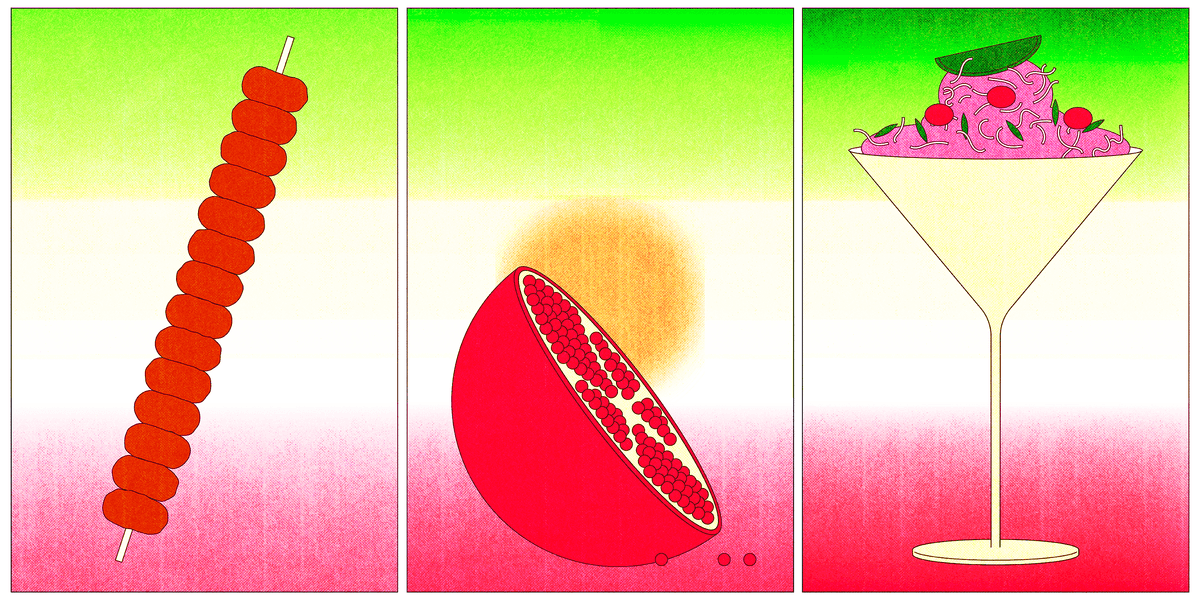 A triptych of illustrations of Persian/Iranian foods in bright colors: a kebab, a pomegranate, and faloodeh (a traditional Ir