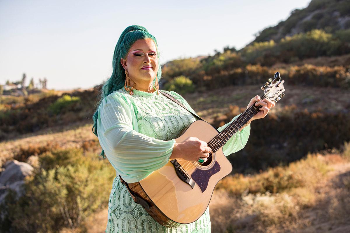 Drag performer Flamy Grant poses prior to the Songbirds of Ramona Ranch show at Ramona Ranch Winery on August 04, 2023 in Ram