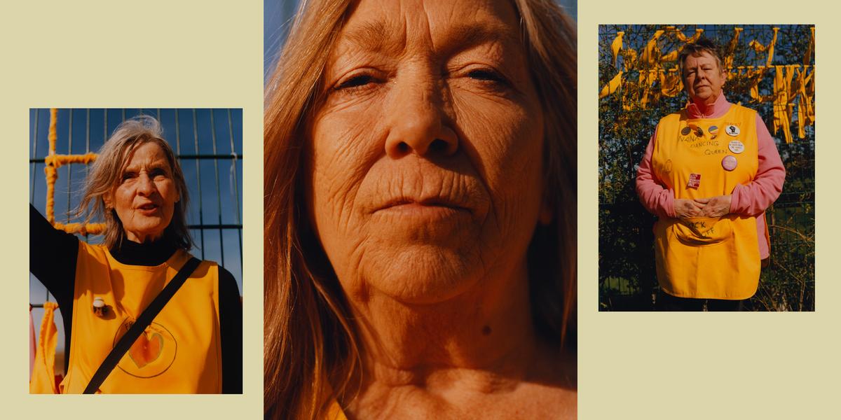 A composite image of three portrait photographs of members of the UK Nanas. All three are older women wearing bright yellow t