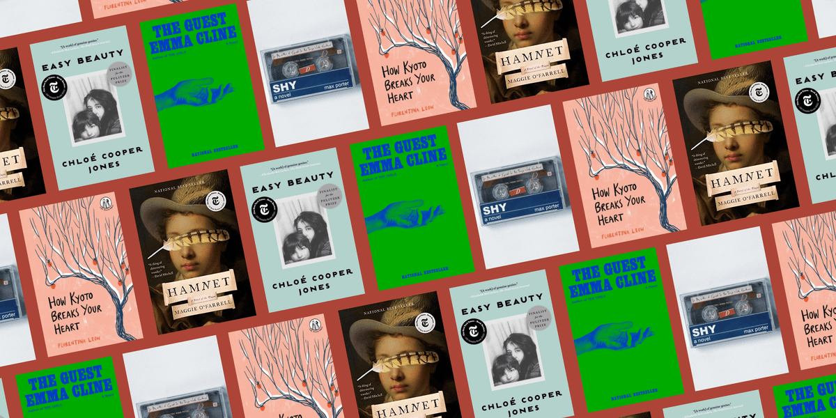 A tiled grid of books: The Guest by Emma Cline, Shy by Max Porter, How Kyoto Breaks Your Heart by Florentyna Leow, Hamnet by 