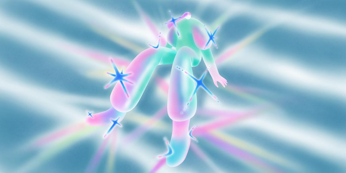 An illustration of an abstract figure, emitting light as if they are a crystal. Their light bounces on the background.