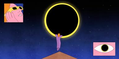 An illustration of a woman in a purple sweatsuit at the top of a mountain, climbing into the solar eclipse (a black circle ov