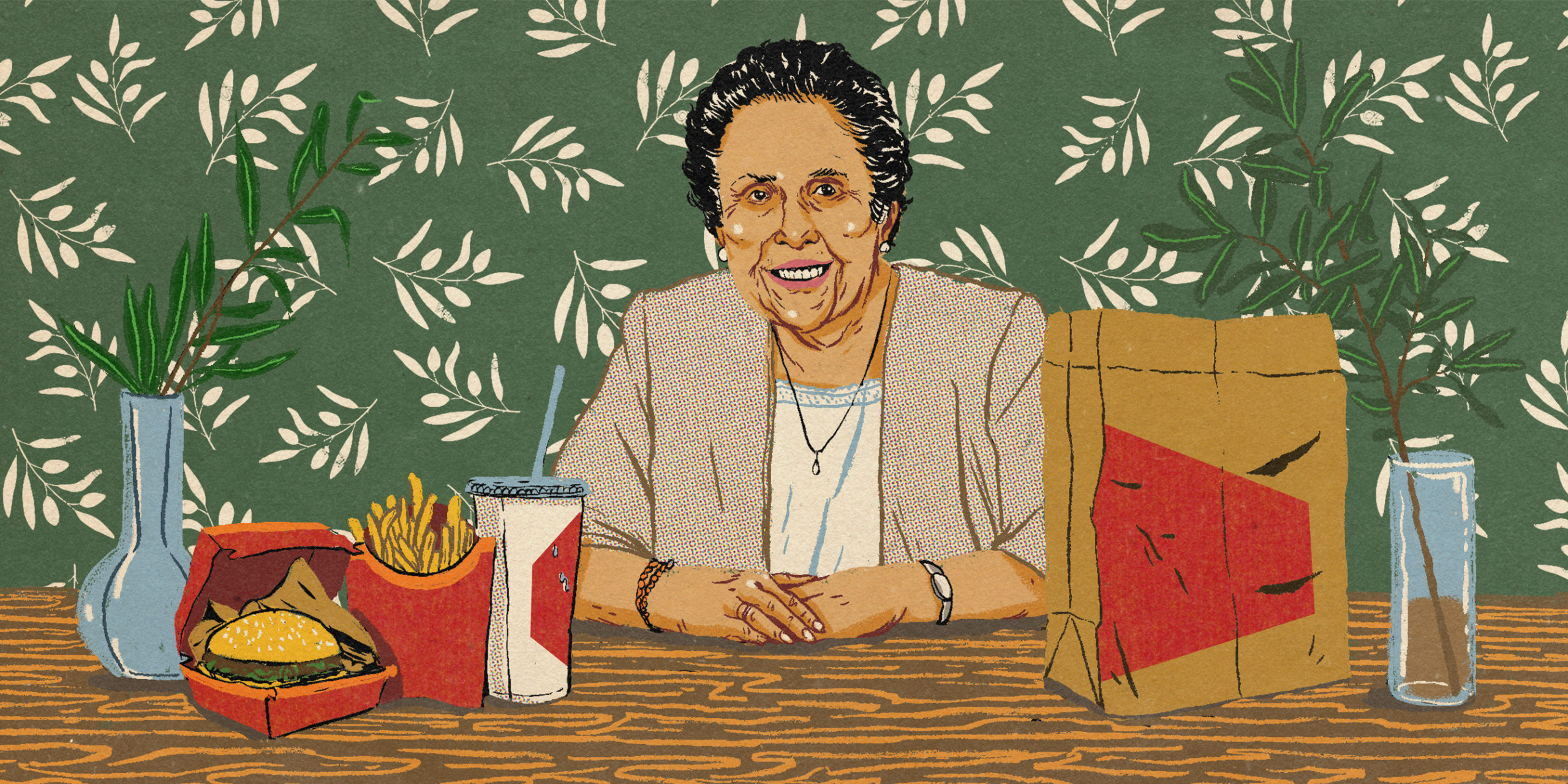 An illustration of Aban Pestonjee sitting at a table with a fast food meal.