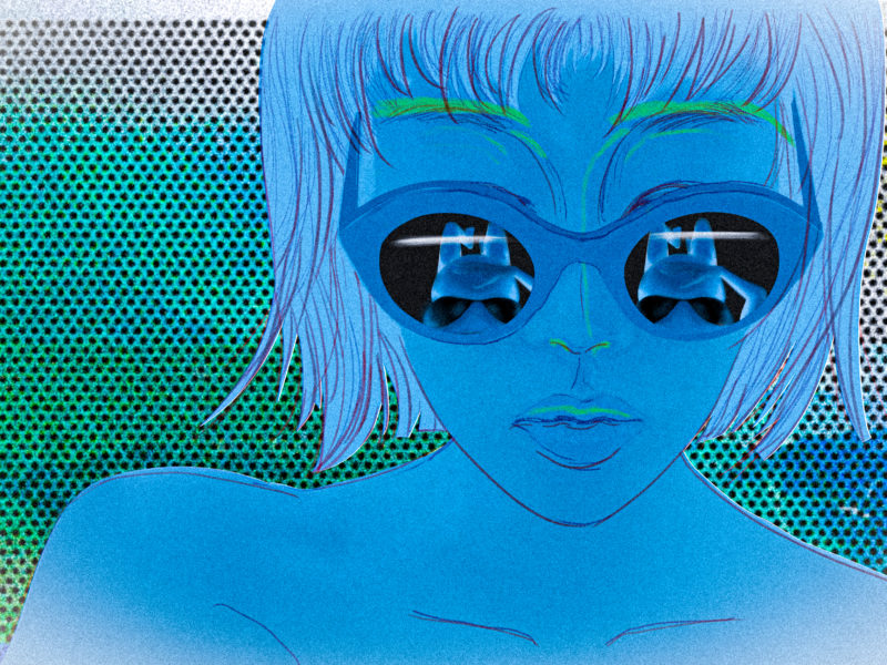 An illustration of a woman wearing sunglasses, looking down at her stomach. In the reflection, you can see that she's pregnant.