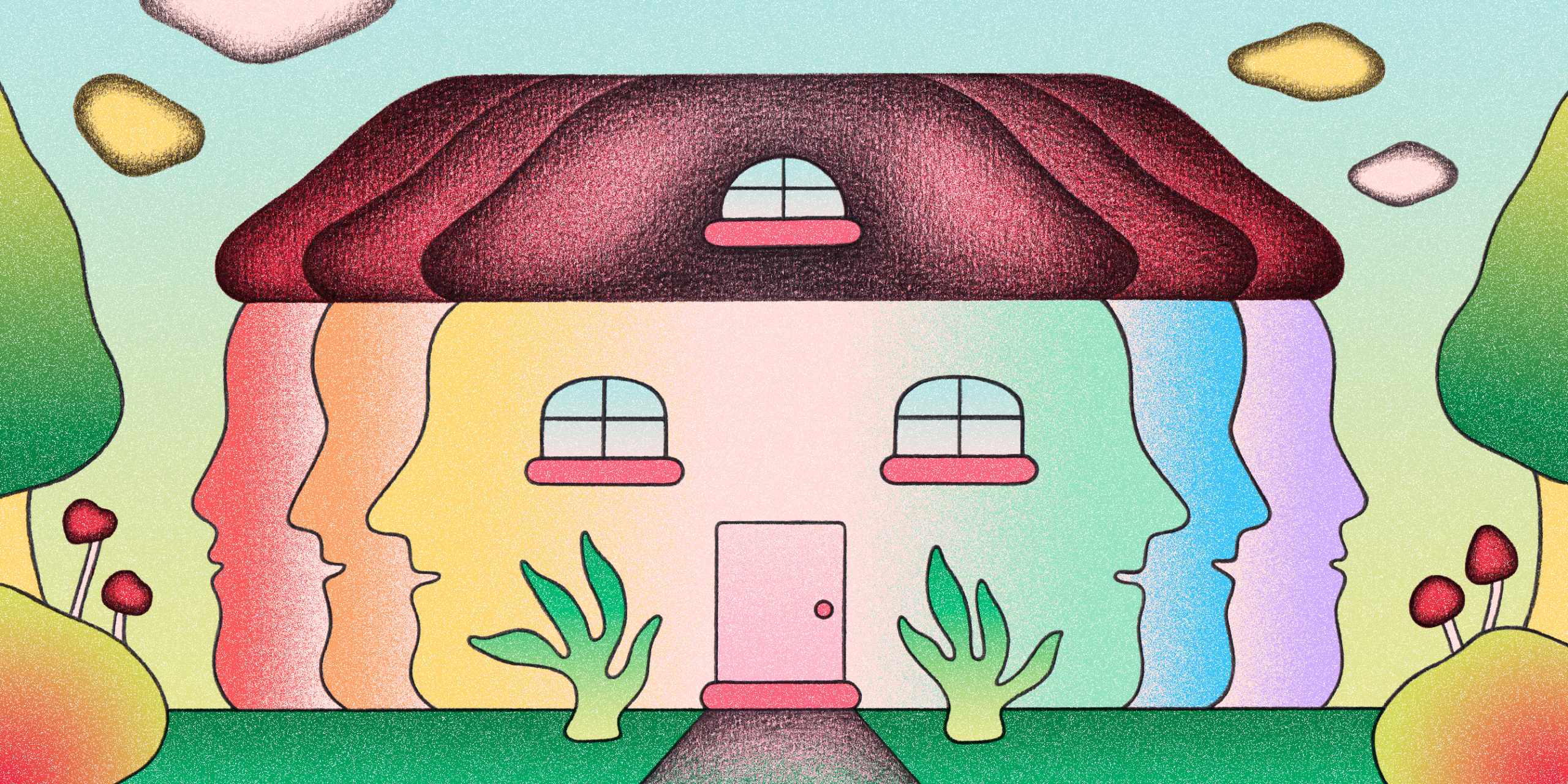 An illustration of a colorful house made up of a rainbow of faces.