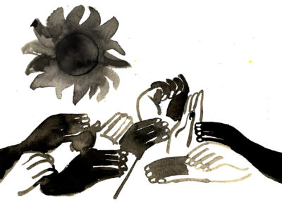 A black and white watercolor painting of many hands, lifting up together towards the sun.