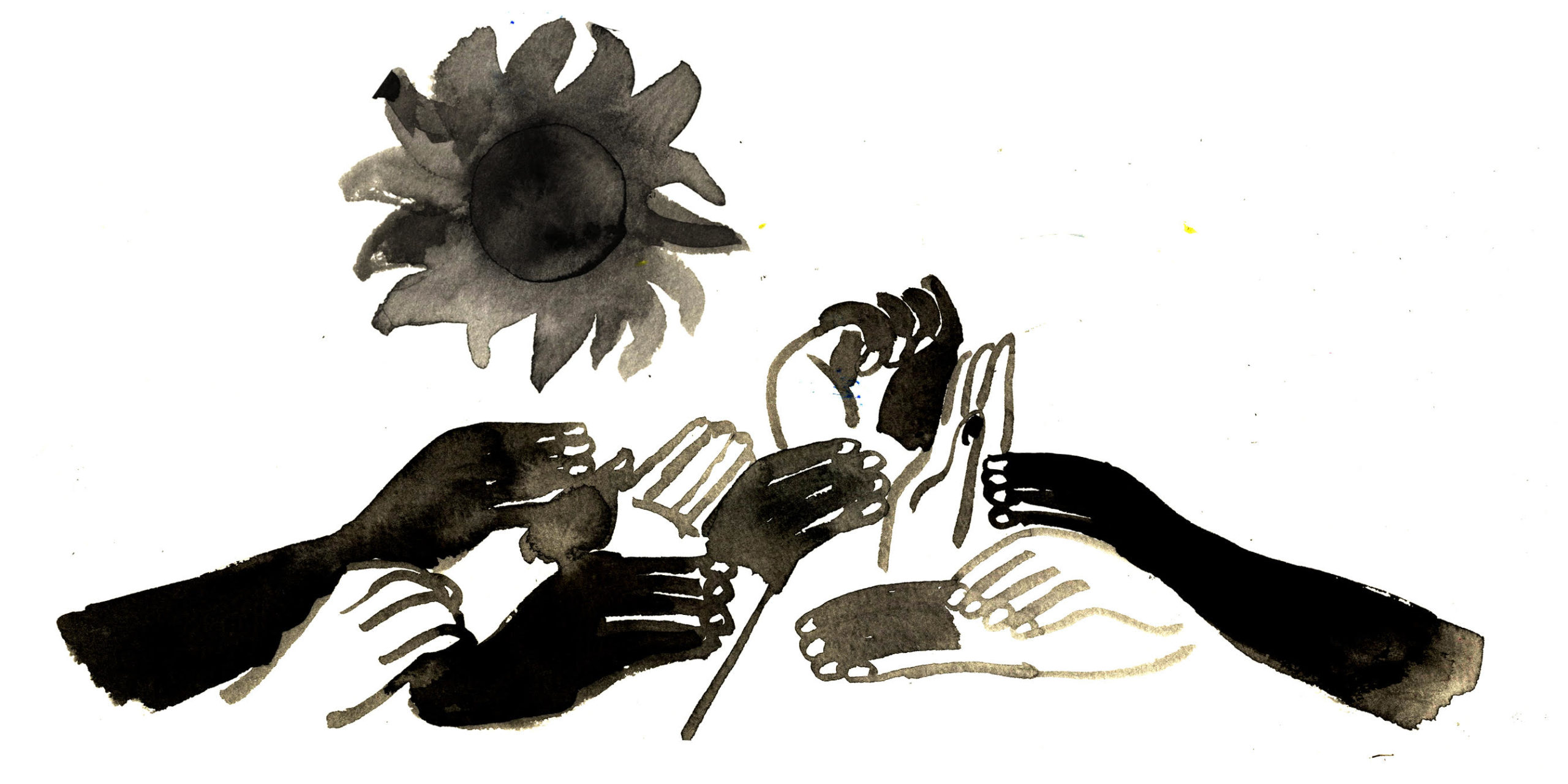 A black and white watercolor painting of many hands, lifting up together towards the sun.