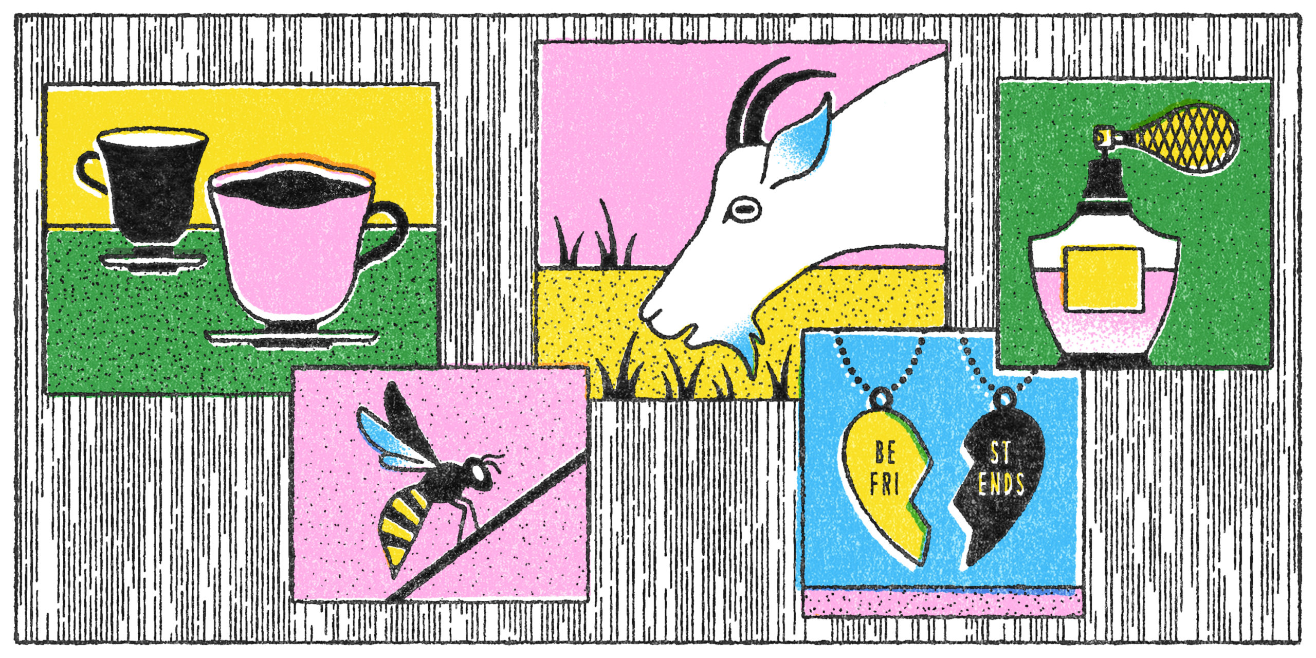 A scattered grid of illustrations, including two cups of tea, a bee, a goat eating grass, BFF necklaces, and a perfume bottle.