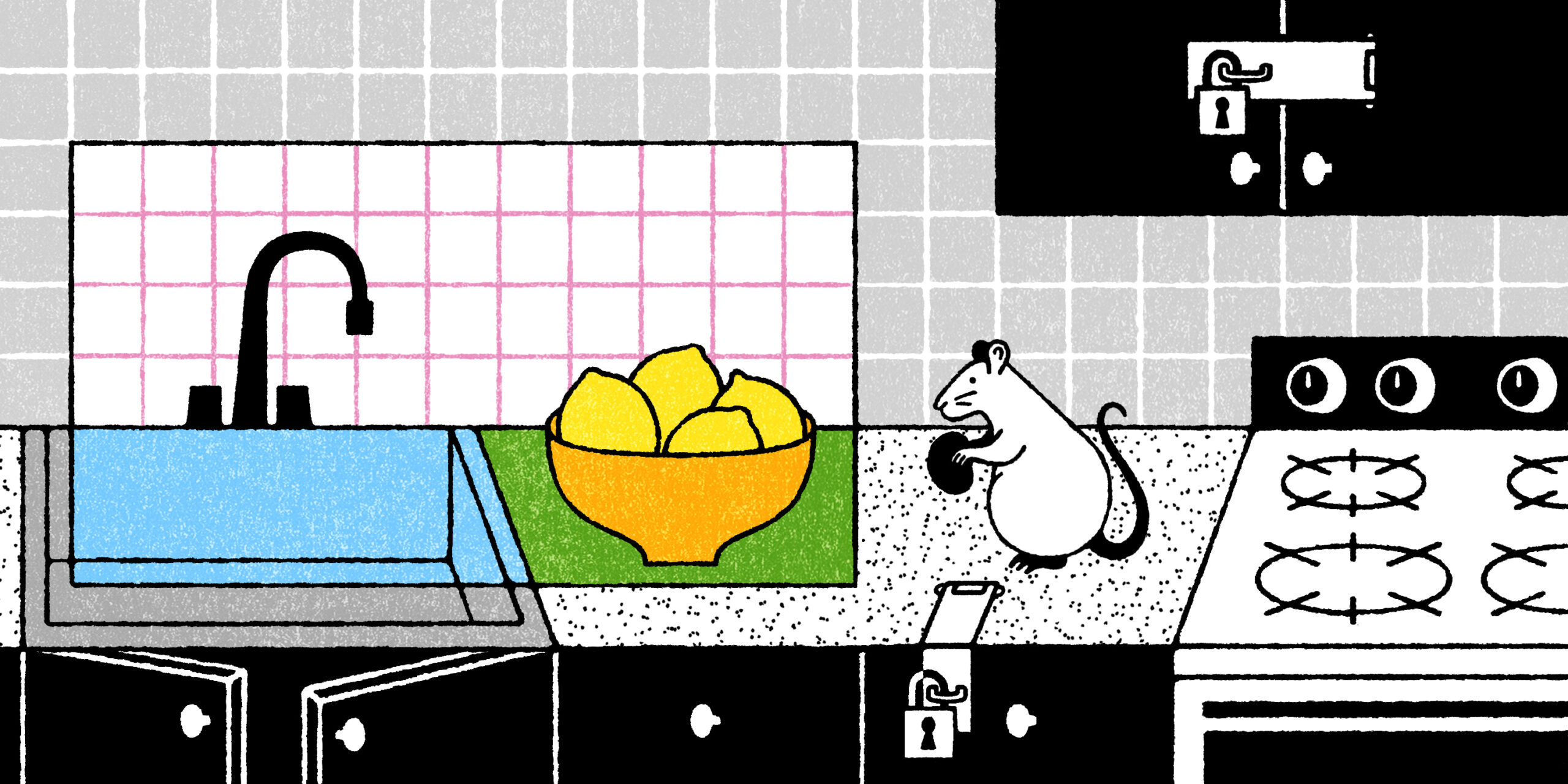 A black and white illustration of a kitchen, with locks on the cupboard and a mouse eating a cracker; a rectangle of the illustration is done is color, showing a bowl of lemons, a blue sink, green counter, and pink checkered wall.