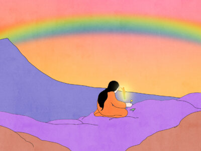 Illustration of a woman kneeling in the middle of a soft, expansive landscape, placing a flower on the ground. There is a rainbow in the sky and a small, glowing figure in front of her. In an insert in the bottom right corner, we can see a close-up of the figure touching her forehead.
