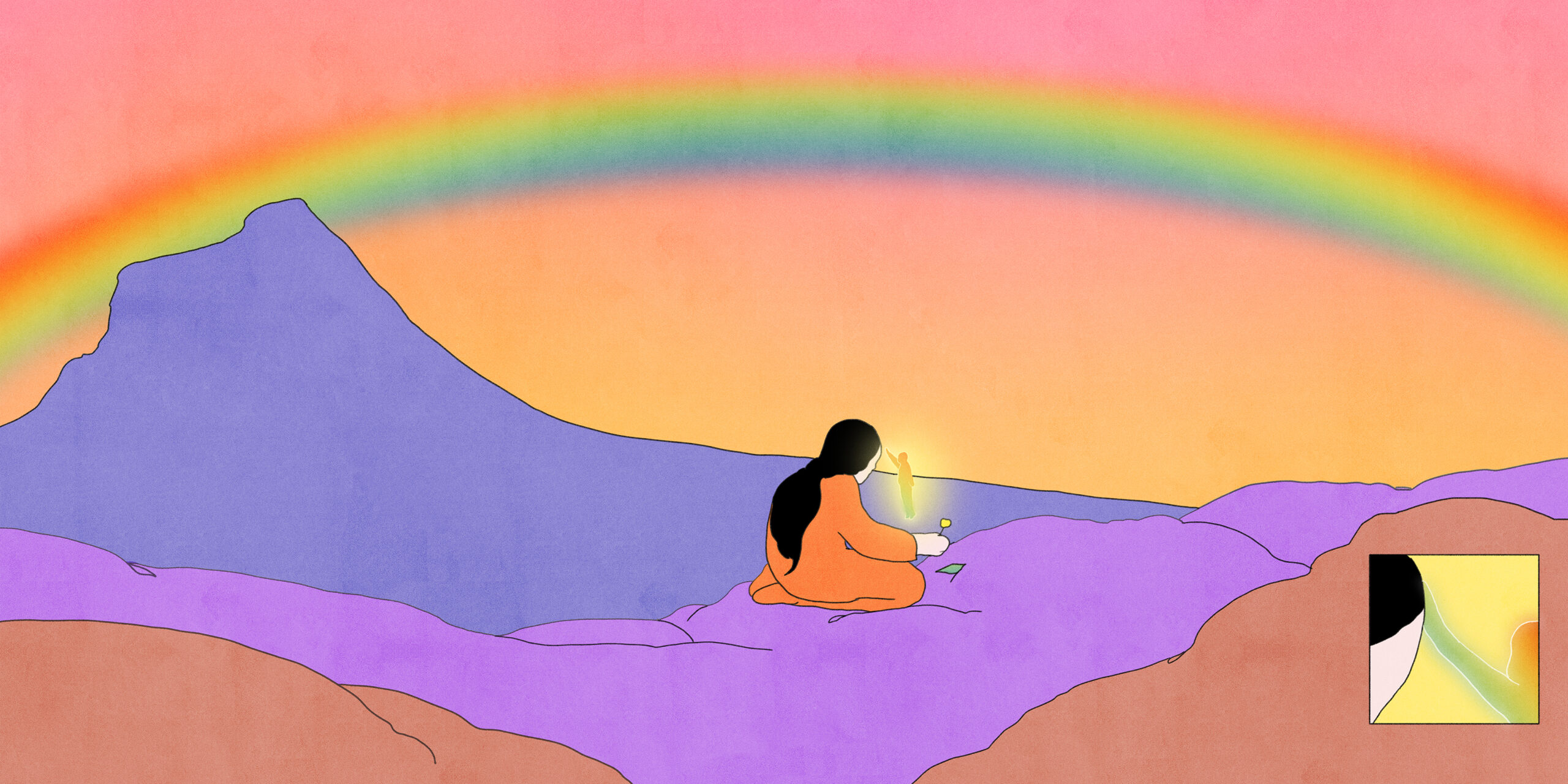 Illustration of a woman kneeling in the middle of a soft, expansive landscape, placing a flower on the ground. There is a rainbow in the sky and a small, glowing figure in front of her. In an insert in the bottom right corner, we can see a close-up of the figure touching her forehead.