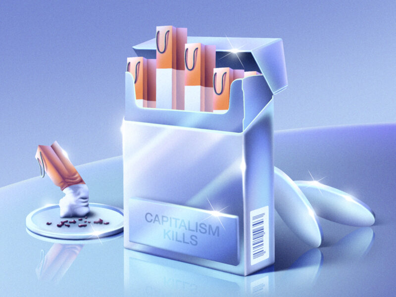 A chrome package of cigarettes with "Capitalism Kills" on the label. Each of the cigarettes is a shopping back. One has been "put out" on a silver coin to the left, and two more silver coins lean against the back of the box.