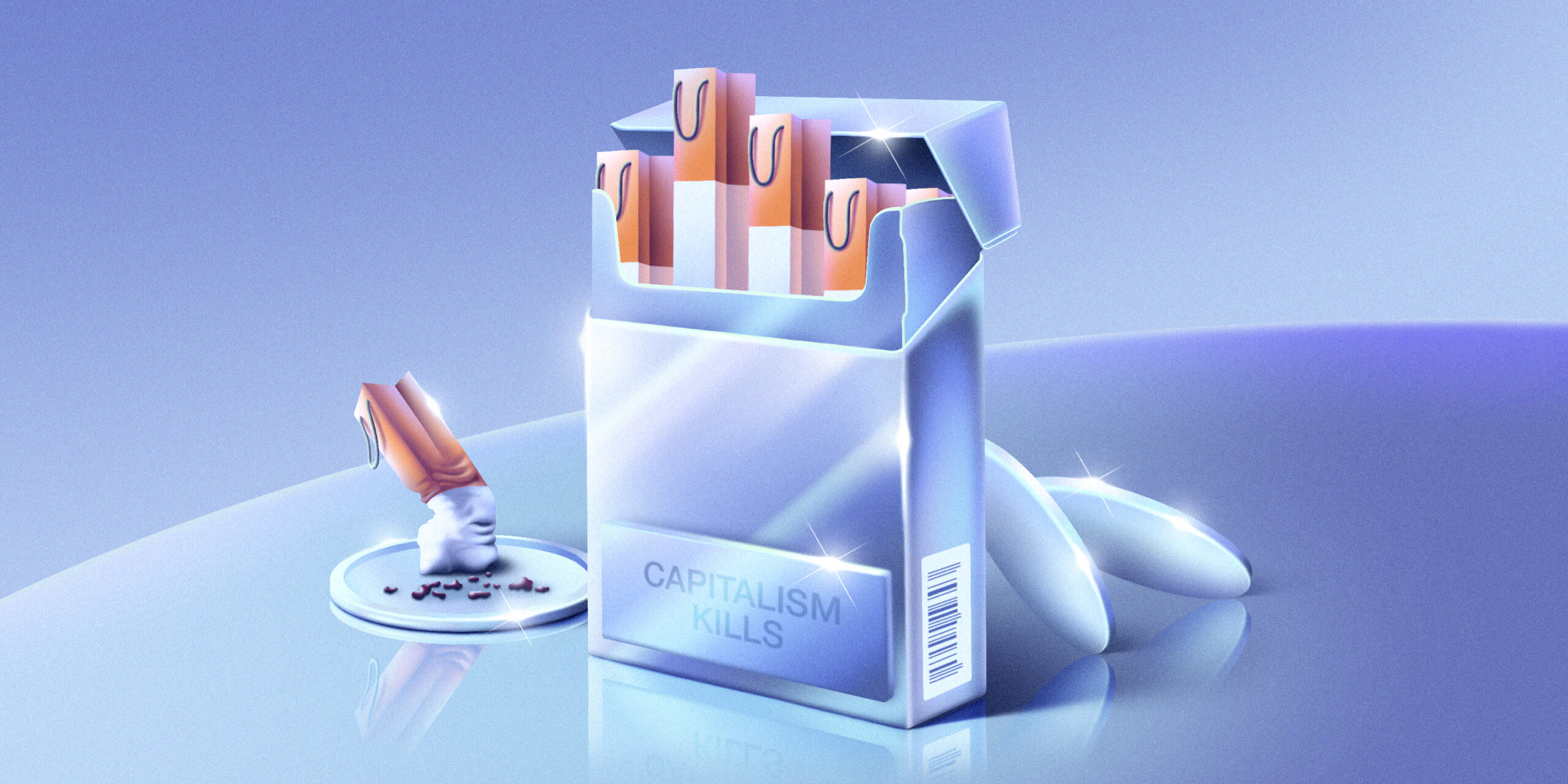 A chrome package of cigarettes with "Capitalism Kills" on the label. Each of the cigarettes is a shopping back. One has been "put out" on a silver coin to the left, and two more silver coins lean against the back of the box.
