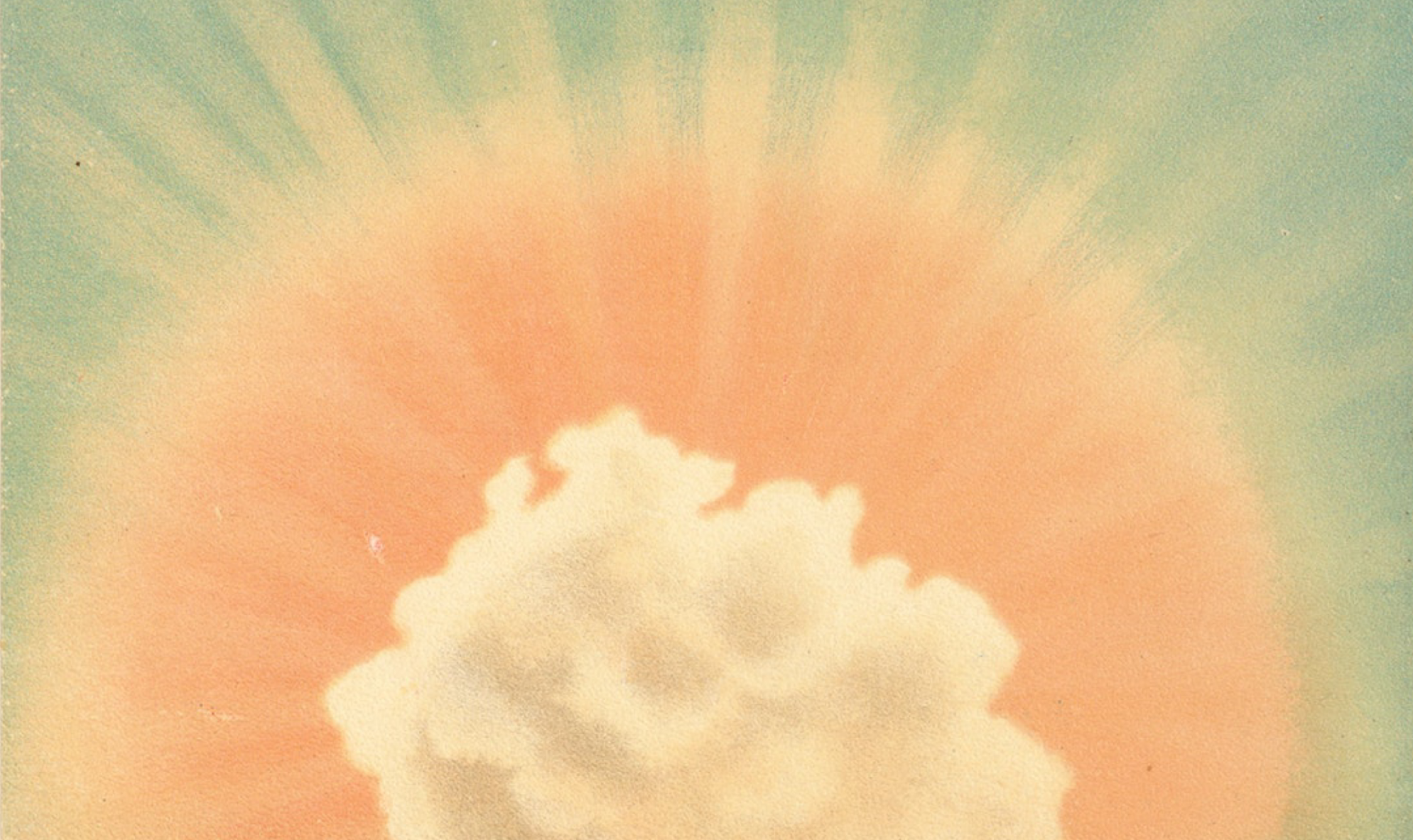 A lithograph of a watercolor painting of an exploding cloud surrounded by a ring of red-orange light, and a blue-gray sky beyond it.