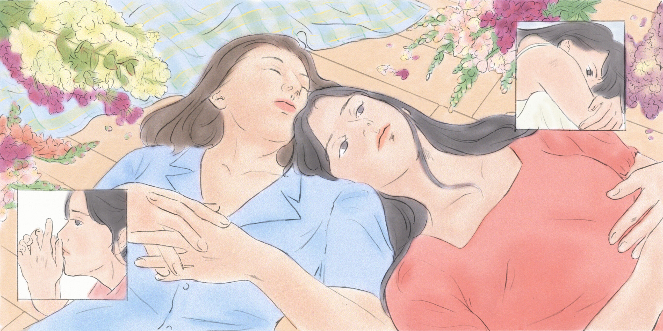 An illustration of two friends lying on the floor, one wearing a light blue, short sleeved collared shirt, her hands clasped over her chest and her eyes closed; the other woman is wearing a pink blouse and is leaning on her shoulder, looking up at the sky. Behind them there is a checkered blanket and bouquets of flowers. In two inserts, we see the woman in the pink shirt alone, clearly in pain and grieving.