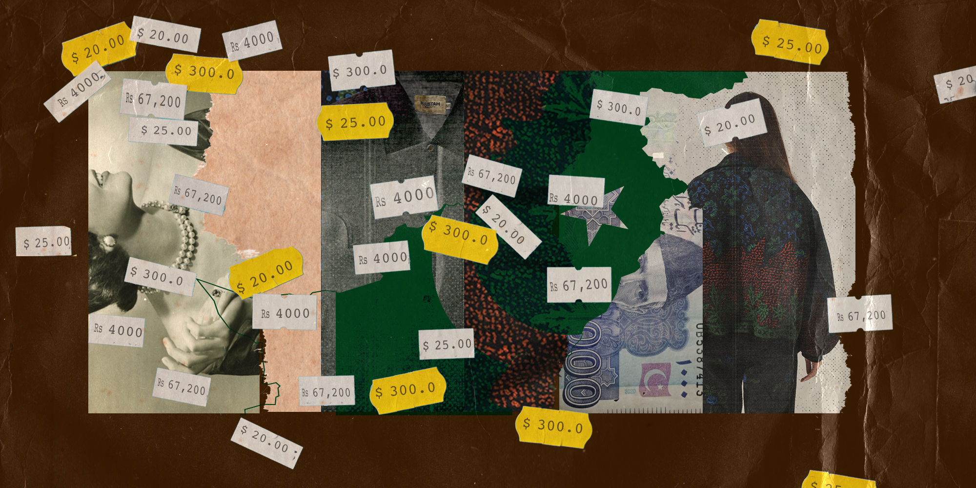 A collage of images featuring a jacket with block printing, a close up of another jacket, parts of Pakistan's flag, and yellow and white price stickers in different currencies all over, with a deep brown background.