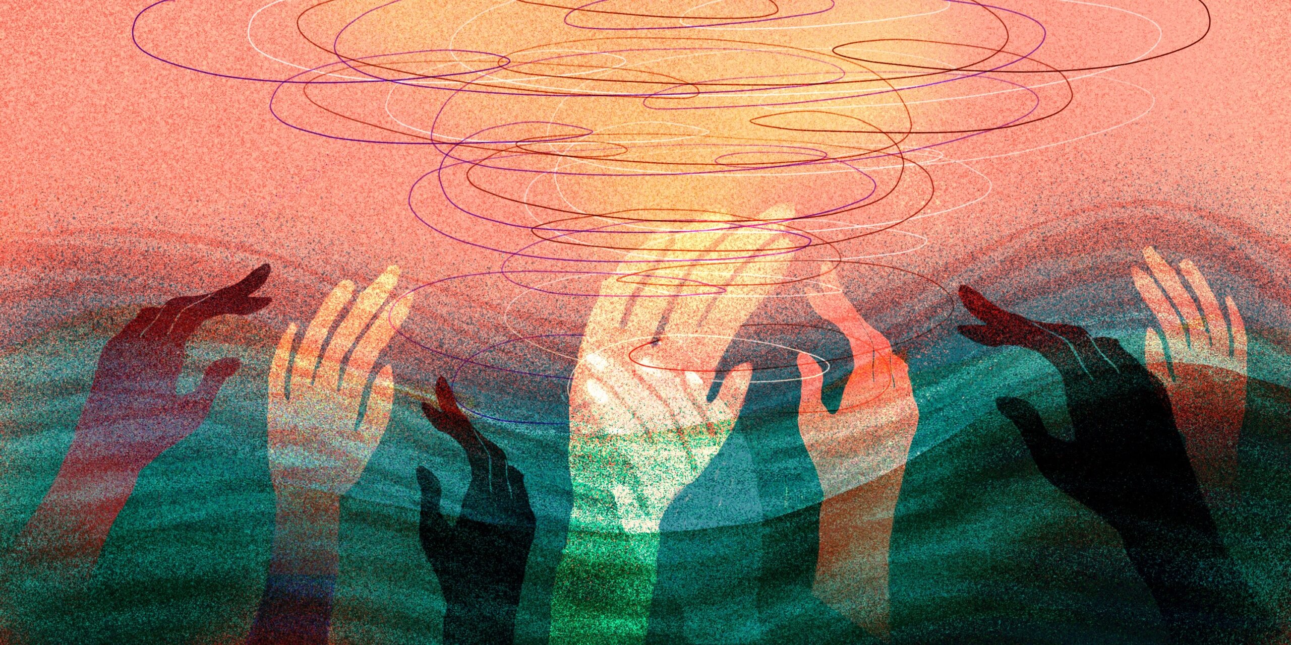 An illustration of a variety of hands reaching upwards from a turbulent body of water, clearly drowning. Above the water is a frazzled spiral of sky. No one is coming to their aid.