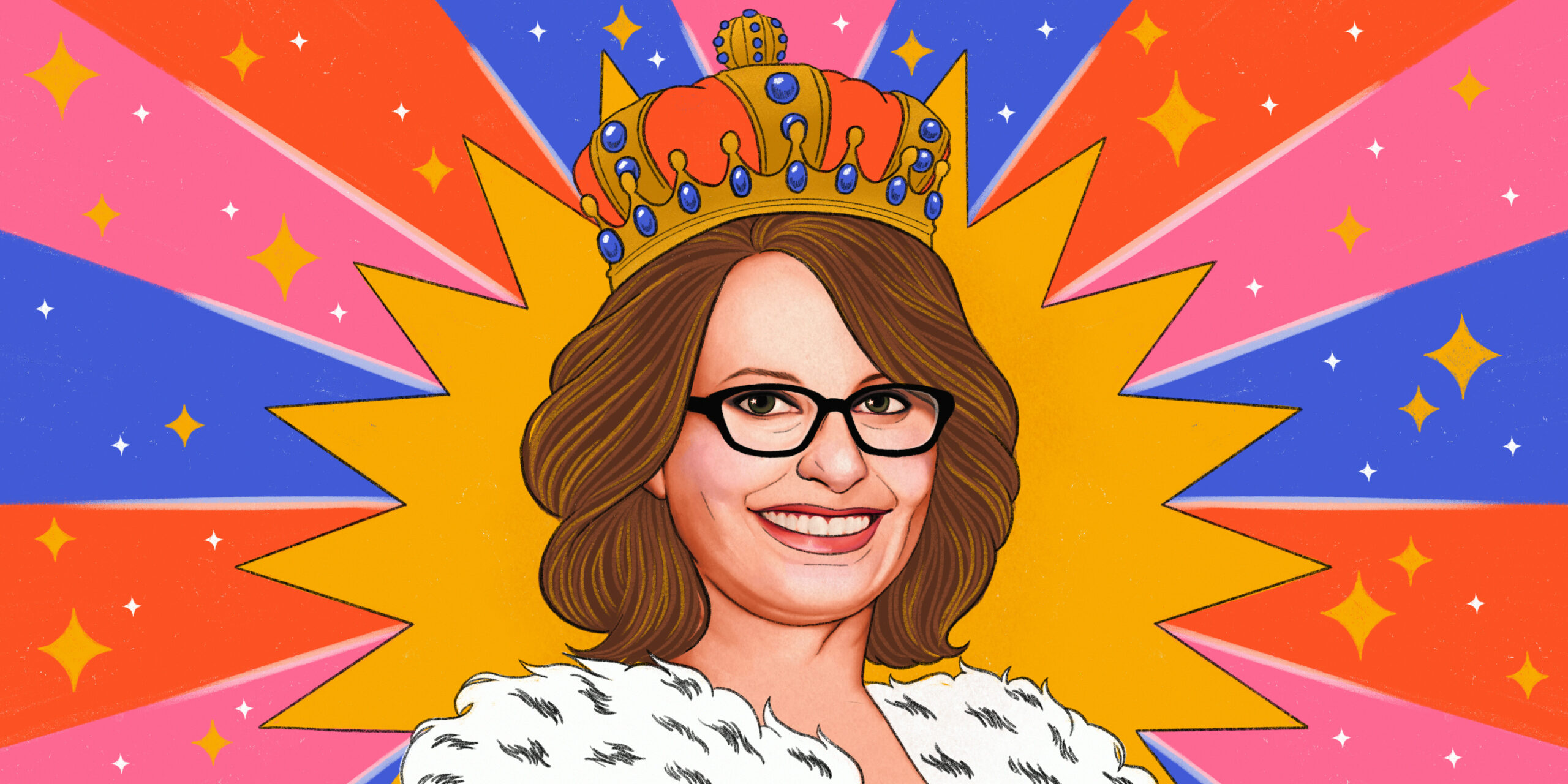 A colorful, illustrated portrait of Meg Cabot. She's smiling wide, with shoulder-length wavy brown hair. She's wearing black, rectangular glasses; has a red and gold crown on her head with blue jewels; and an ermine draped over her shoulders. Her face is framed by a mustard yellow sun-shape, and behind that, bright panels of blue, pink, and red.