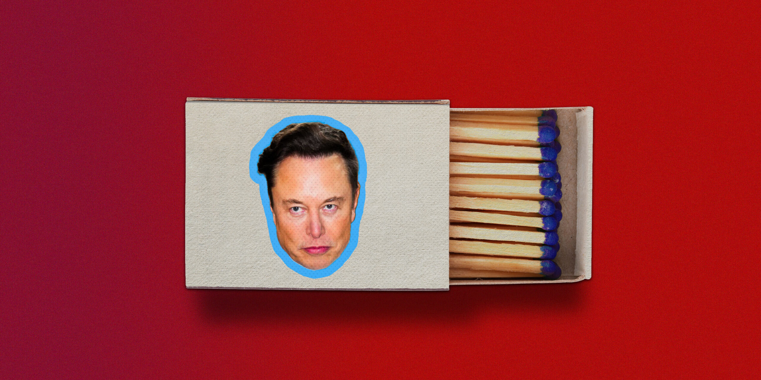 An open box of matches with dark blue tips, over a red background. On the front of the box is a photo of Elon Musk's face, outlined in Twitter blue.