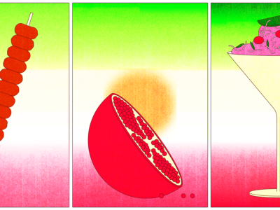 A triptych of illustrations of Persian/Iranian foods in bright colors: a kebab, a pomegranate, and faloodeh (a traditional Iranian desert of vermicelli noodles in frozen sugar and rosewater syrup). The background is a bright but blurry Iranian flag, a stripe of green, white, and red.