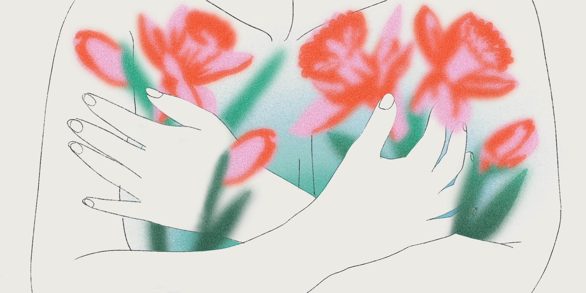 A line drawing of a woman's upper torso. Her arms are crossed in front of her, her hands covering her breasts. Underneath them, a pale blue-green aura is emanating from her chest, and pink and red flowers are blooming, further obscuring her breasts.