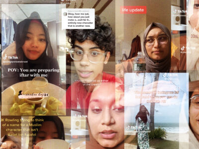 A collage of screenshots, from various Muslim TikTok content creators, engaging in all sorts of different styles of content creation. In one video, the creator is dressed in a banana suit; in another, the creator is answering a question about cosplay; in another, it appears to be a cooking tutorial. The screenshots are overlapping, with various degrees of opacity, giving the feeling of rich, diverse array of content.