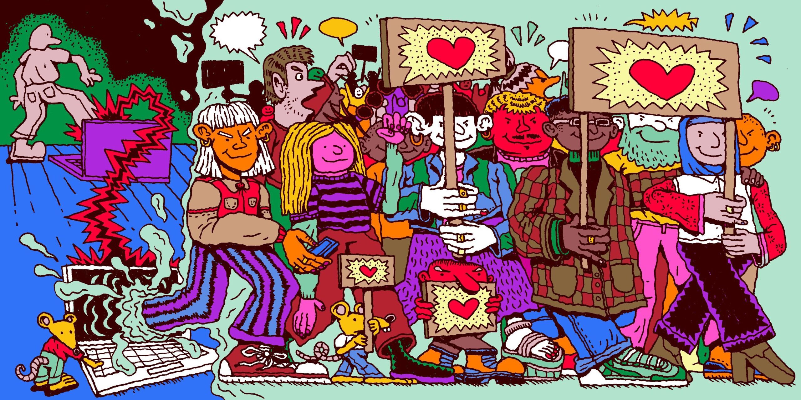 An illustration of colorful, happy cartoon people (and a couple small cartoon mice) gathering in protest. They are emerging from a laptop and into the real world. In the background, you can see the silhouette of a person going foot first into another laptop, stepping through it to join the protest on the other end. The protestors are carrying signs with red hearts, and a few have speech bubbles over themselves.