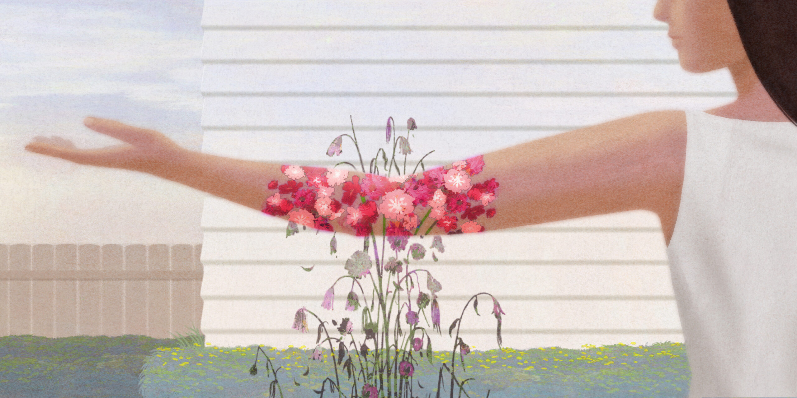 An illustration of a woman in a white dress reaching her arm out. In the background, a dead flower bush emerges, but where her arm overlaps with it, the flowers are alive as a vibrant, colorful tattoo with flowers in various shades of pink. There is a white house in the background.