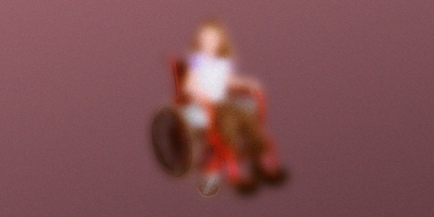 A blurred image of a young girl in a red wheelchair, on a mauve background.