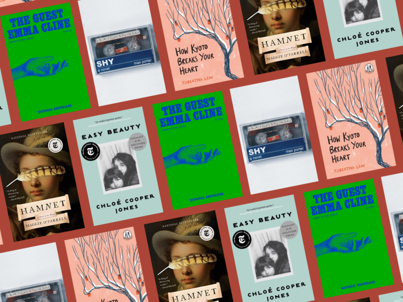 A tiled grid of books: The Guest by Emma Cline, Shy by Max Porter, How Kyoto Breaks Your Heart by Florentyna Leow, Hamnet by Maggie O'Farrell, and Easy Beauty by Chloe Cooper-Jones.