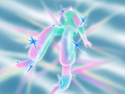 An illustration of an abstract figure, emitting light as if they are a crystal. Their light bounces on the background.