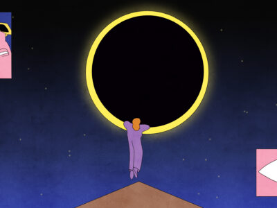 An illustration of a woman in a purple sweatsuit at the top of a mountain, climbing into the solar eclipse (a black circle overlapping with a yellow border, representing the moon and sun). In one corner, there's a inserted illustration of a woman looking up into the sky with protective glasses on, in the other corner, there's a close-up illustration of an eye where the iris is replaced by the eclipse.