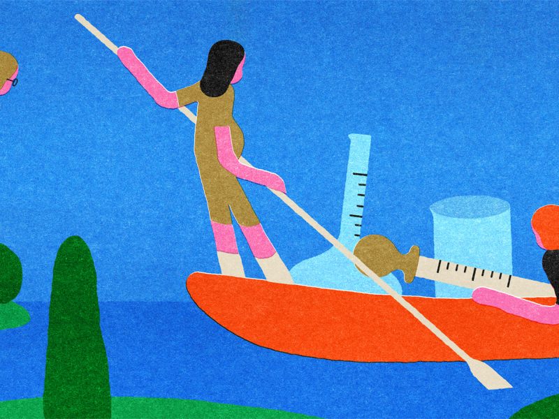An illustration of three characters in a nature scene, a blue lake surrounded by forest. One person, in a white outfit, is on the shore, looking on at a red canoe filled with research equipment. There is one person paddling the canoe while another person is in the water, putting more instruments into the boat.