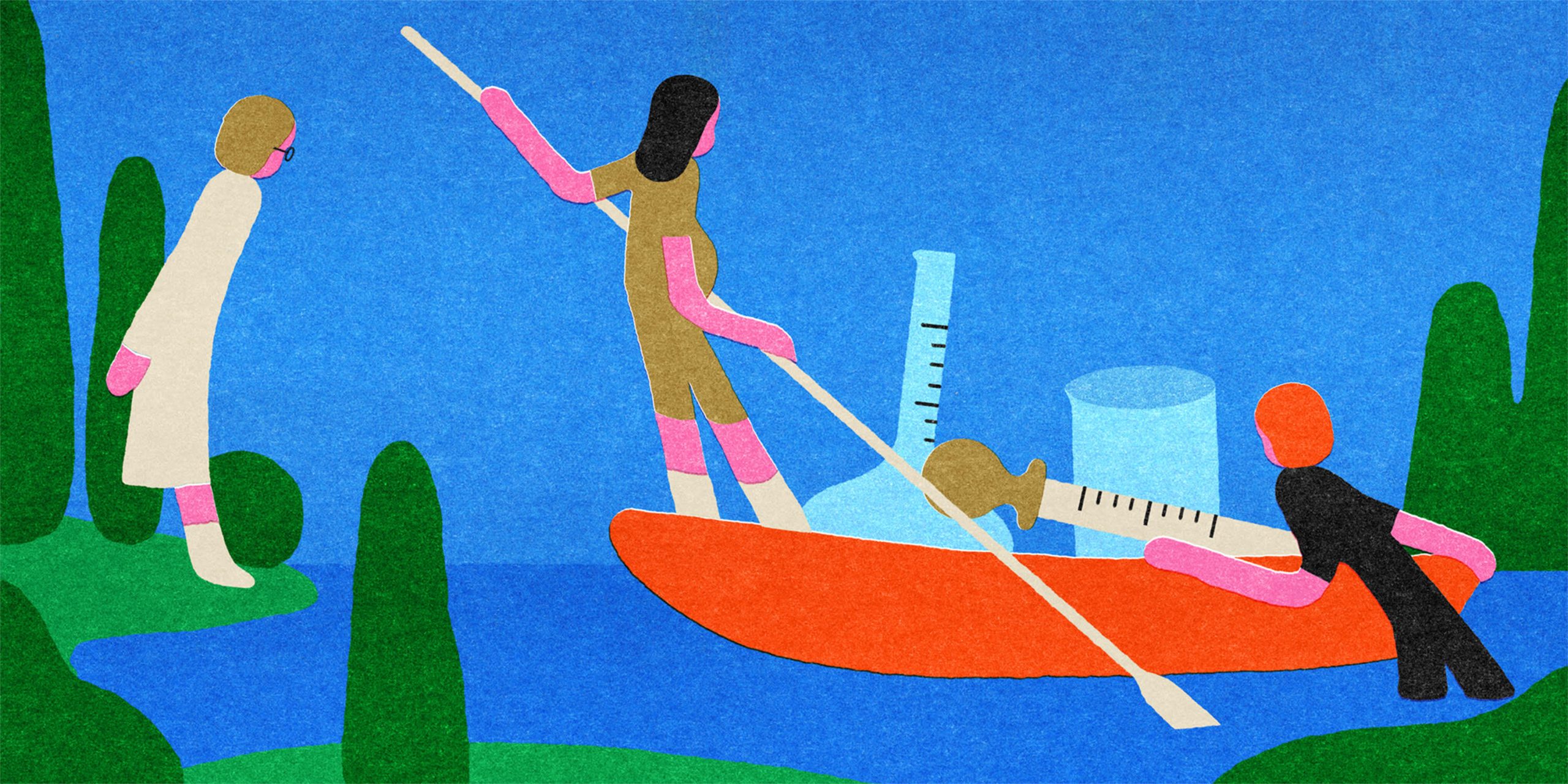 An illustration of three characters in a nature scene, a blue lake surrounded by forest. One person, in a white outfit, is on the shore, looking on at a red canoe filled with research equipment. There is one person paddling the canoe while another person is in the water, putting more instruments into the boat.