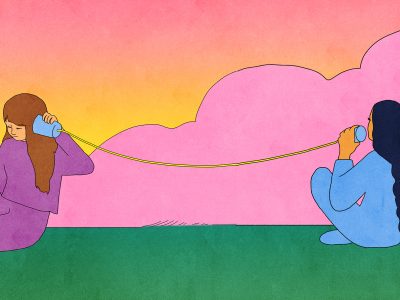 An illustrator of two women in sweatsuits, one wearing a patching purple set (facing towards the viewer) and the other in a matching blue sweatsuit (facing away from the viewer). They're sitting on green grass with a pink cloud and pink-to-yellow sky behind them. Connecting them is a string with cups on each side. The woman in the purple sweatsuit is putting a cup to her ear, the woman in the blue sweatsuit is putting the cup to her mouth.