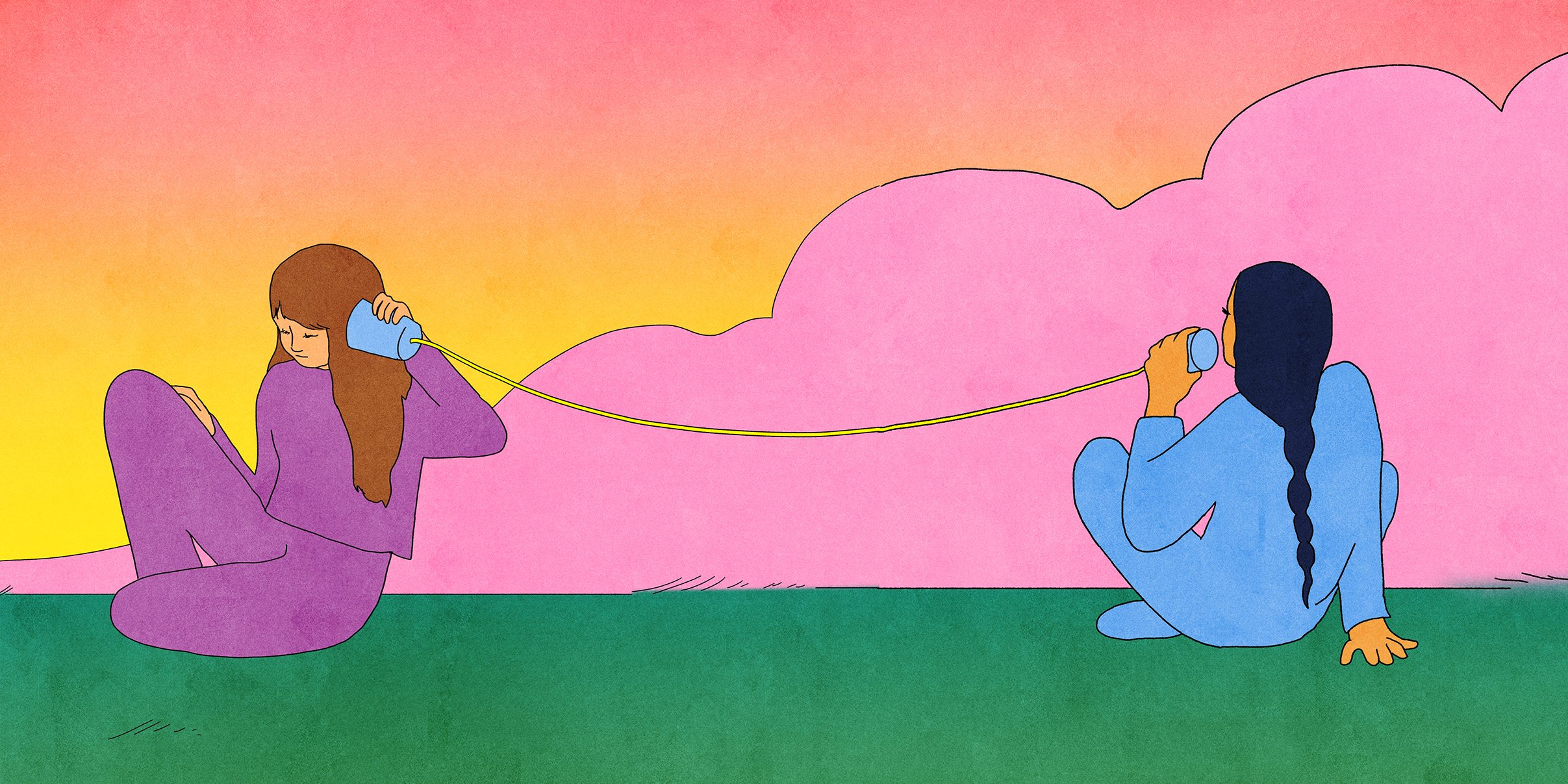 An illustrator of two women in sweatsuits, one wearing a patching purple set (facing towards the viewer) and the other in a matching blue sweatsuit (facing away from the viewer). They're sitting on green grass with a pink cloud and pink-to-yellow sky behind them. Connecting them is a string with cups on each side. The woman in the purple sweatsuit is putting a cup to her ear, the woman in the blue sweatsuit is putting the cup to her mouth.