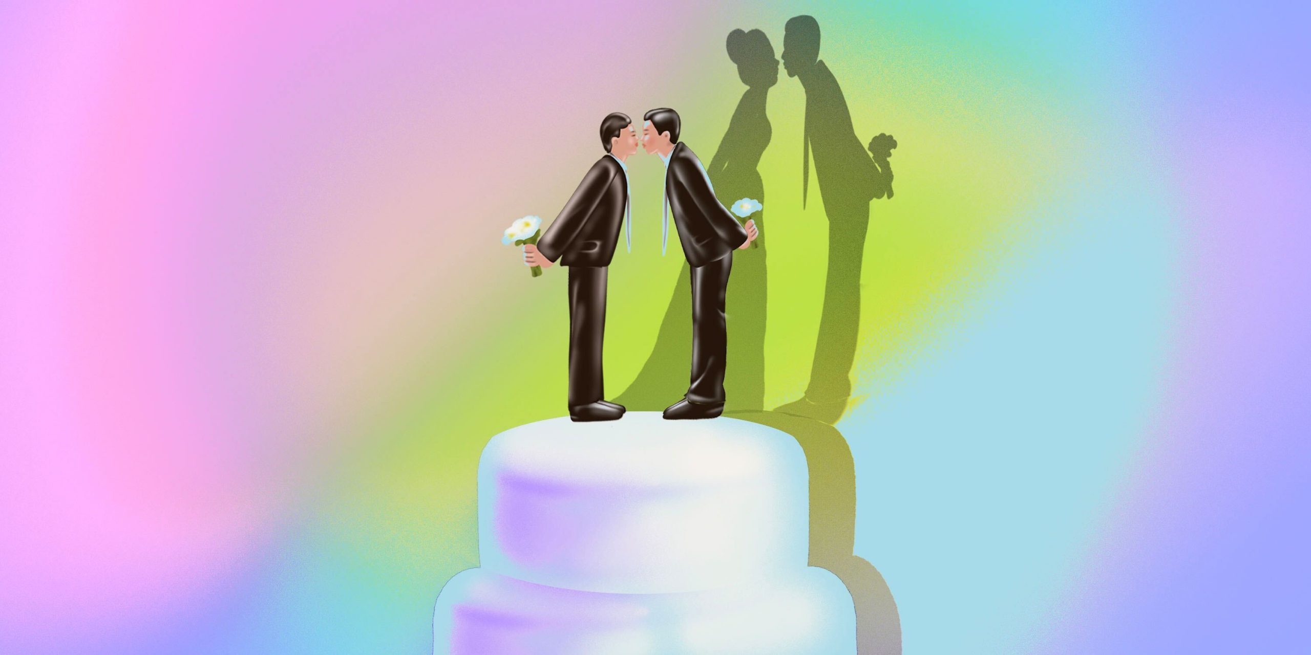 An illustration of a wedding cake with a rainbow of colors in the background. At the top of the cake is a cake topper with a queer couple, both wearing suits, leaning towards one another for a kiss; both holding bouquets behind their back. In their shadow, we see a heteronormative couple, with one wearing a wedding dress.