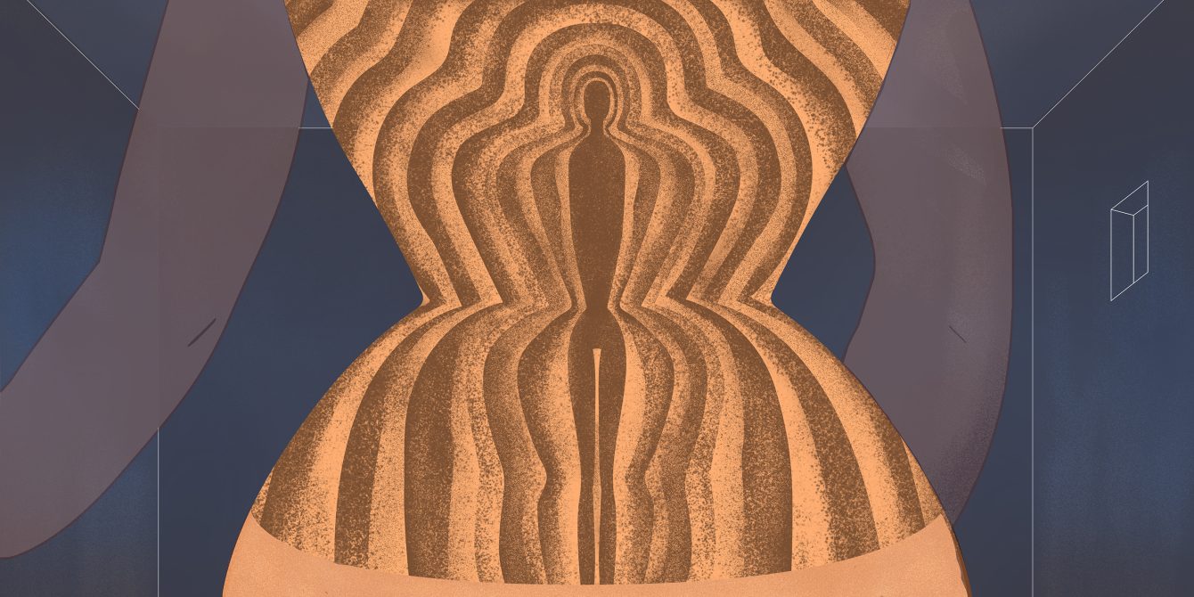 An illustration of an hourglass silhouette, the waist cinched tight, in shades of muted peachy gold. Within it, increasingly smaller versions of the silhouette are contained, leading to a central shadow silhouette. The hourglass is over a dark blue background with arms seen through a filter, as if ghostly.