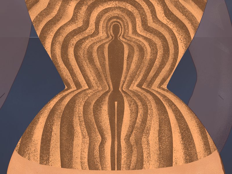 An illustration of an hourglass silhouette, the waist cinched tight, in shades of muted peachy gold. Within it, increasingly smaller versions of the silhouette are contained, leading to a central shadow silhouette. The hourglass is over a dark blue background with arms seen through a filter, as if ghostly.