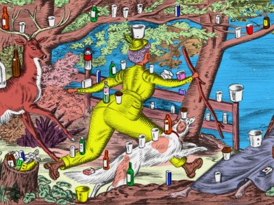 A bright, colorful illustration of a woman in a chartreuse pant suit and hiking boots, running through the forest with a hiking stick towards a body of water on the other side of a fence. Next to her is a spotted dog. She's surrounded by trees, a stag, and an old man lounging up against a hill. All around them are balanced pieces of trash: on the branches, on each person/creature, on the fence.