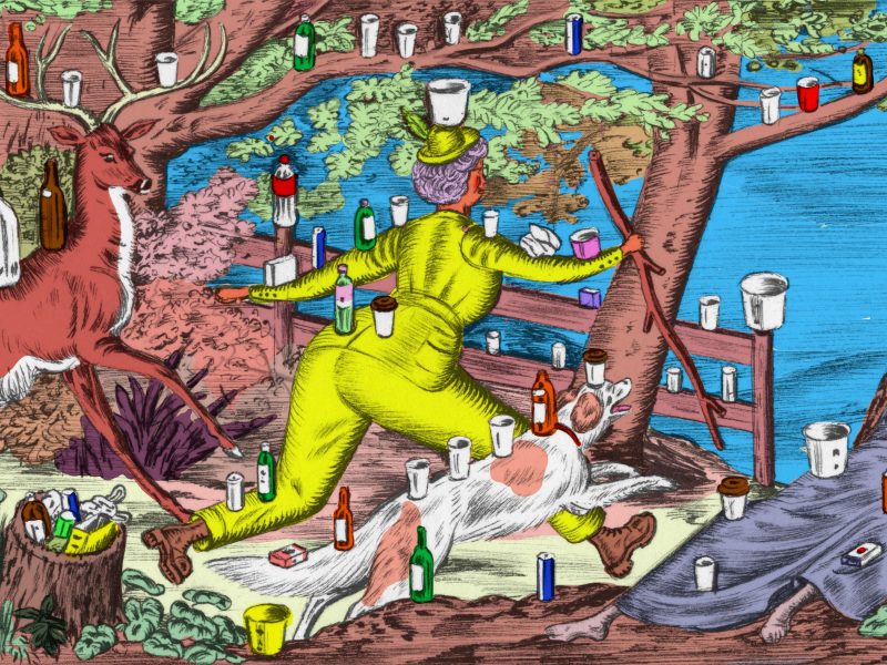 A bright, colorful illustration of a woman in a chartreuse pant suit and hiking boots, running through the forest with a hiking stick towards a body of water on the other side of a fence. Next to her is a spotted dog. She's surrounded by trees, a stag, and an old man lounging up against a hill. All around them are balanced pieces of trash: on the branches, on each person/creature, on the fence.