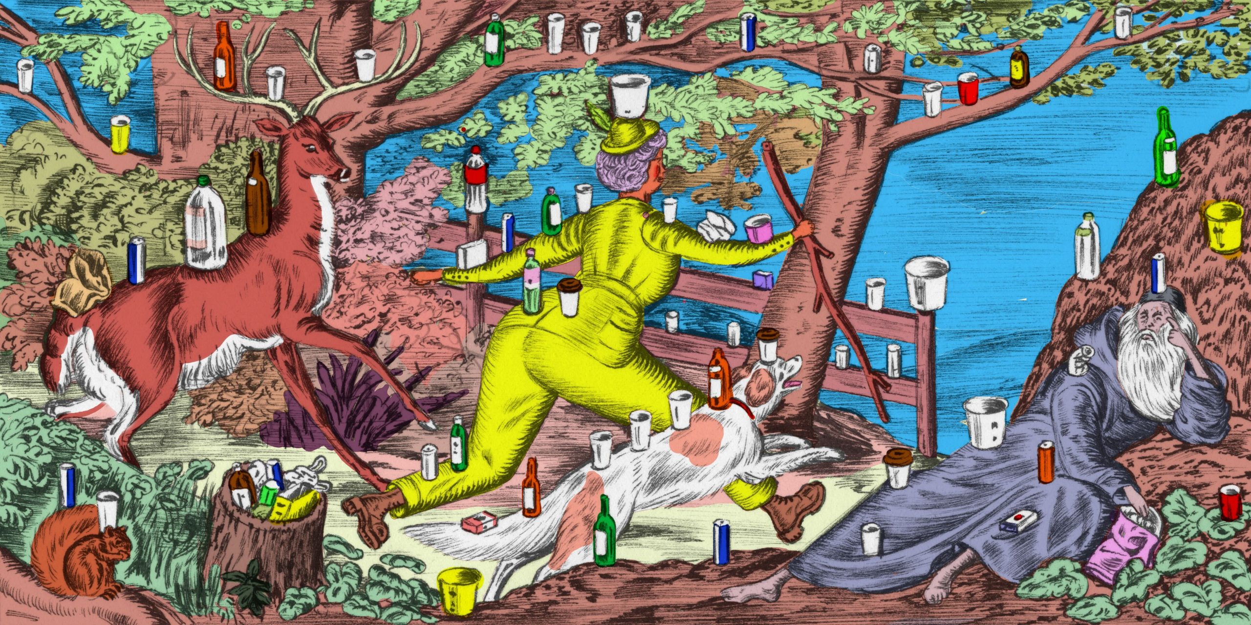 A bright, colorful illustration of a woman in a chartreuse pant suit and hiking boots, running through the forest with a hiking stick towards a body of water on the other side of a fence. Next to her is a spotted dog. She's surrounded by trees, a stag, and an old man lounging up against a hill. All around them are balanced pieces of trash: on the branches, on each person/creature, on the fence.