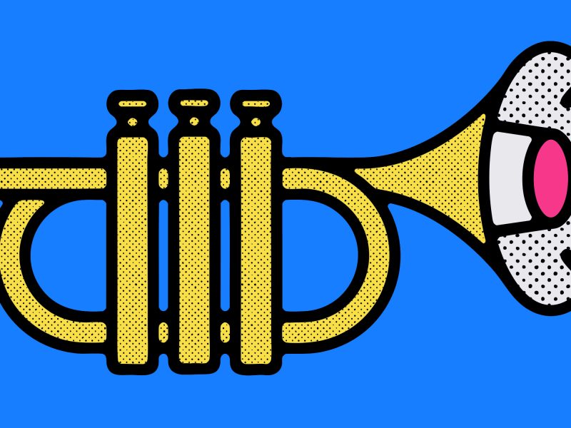 An illustration of a trumpet on a blue background. The bell is replaced with the end of a speakerphone.