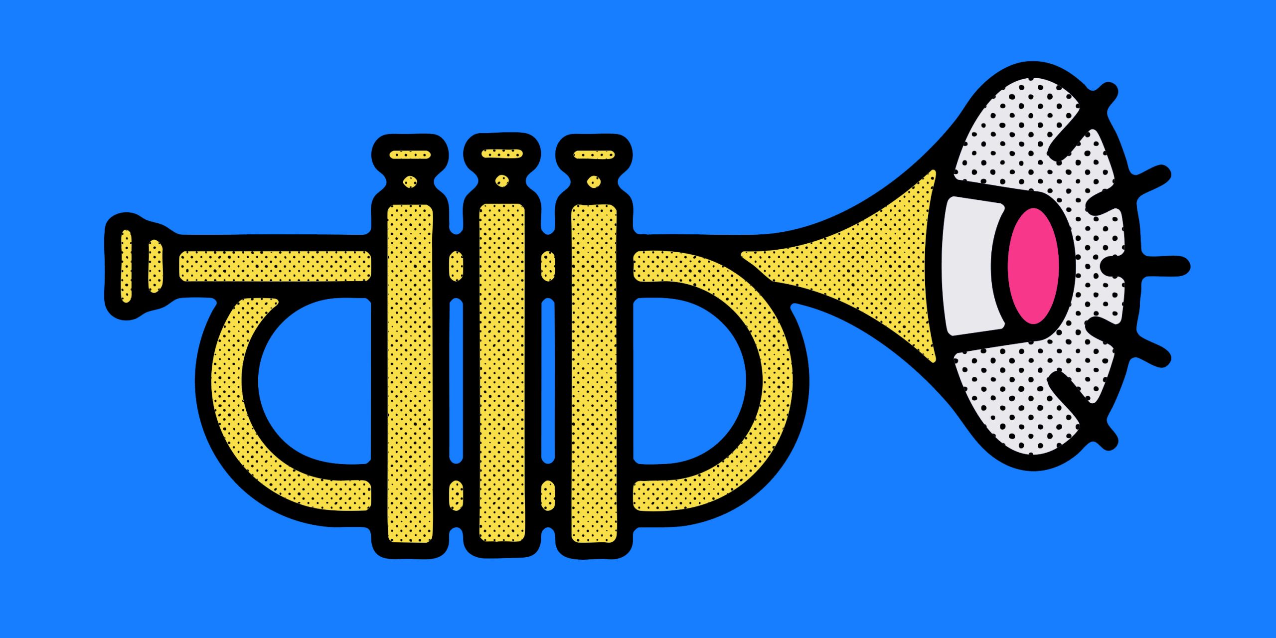 An illustration of a trumpet on a blue background. The bell is replaced with the end of a speakerphone.