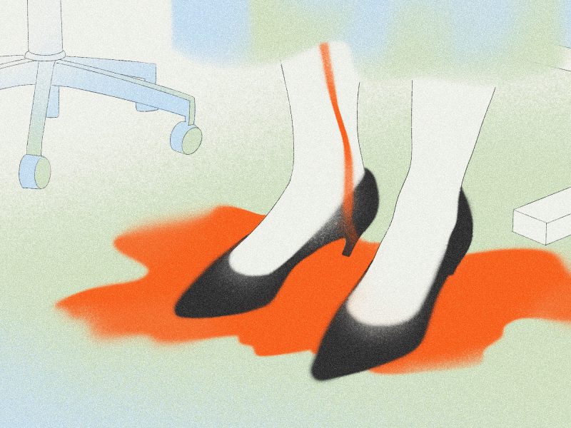 An illustration of a woman's lower legs. She's wearing black heels and blood is dripping down her leg, forming a puddle on the floor beneath her.