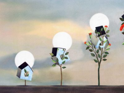 An illustration of a house as a flowering tree gradually grows within it, splitting it open with flowers.