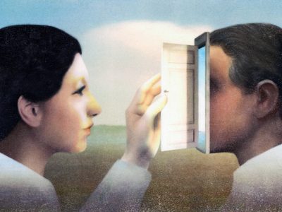 An illustration of a woman facing a man and opening a door where the front of his face should be.