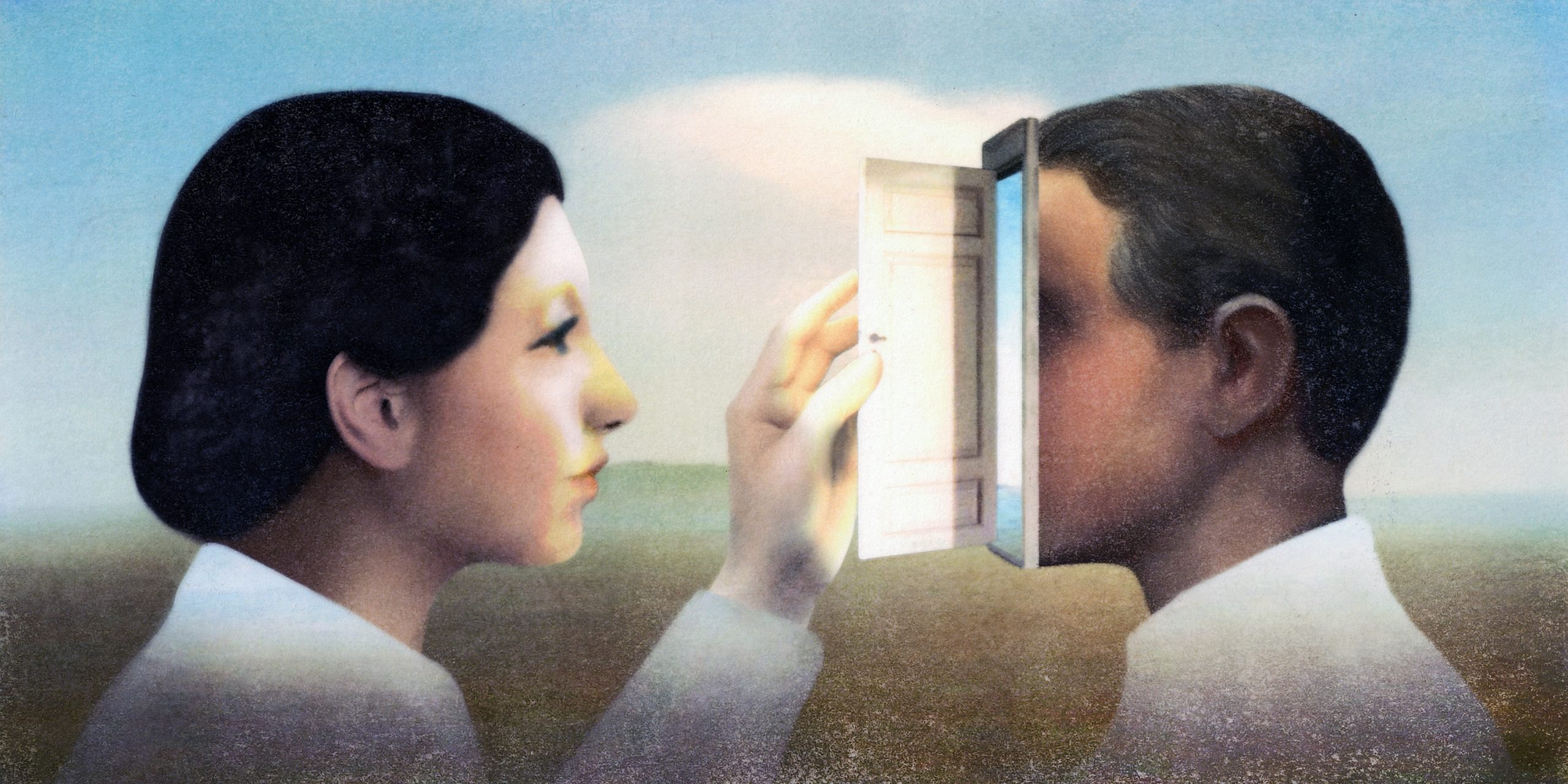 An illustration of a woman facing a man and opening a door where the front of his face should be.