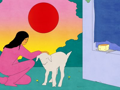 An illustration of a girl petting a goat, with a hunk of cheese sitting in a window behind them.